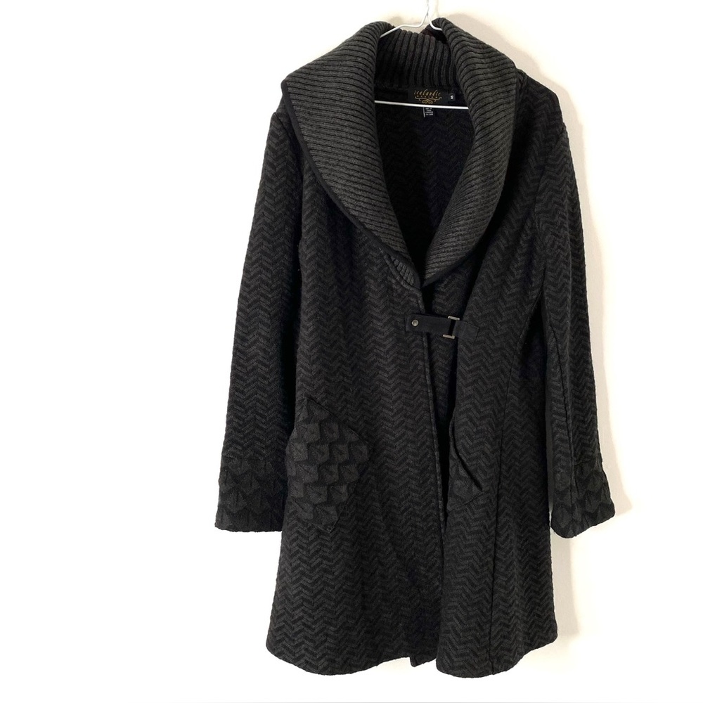 Icelandic Knit Chevron Cardigan Sweater Jacket Grey Buckle Waist 50% Wool